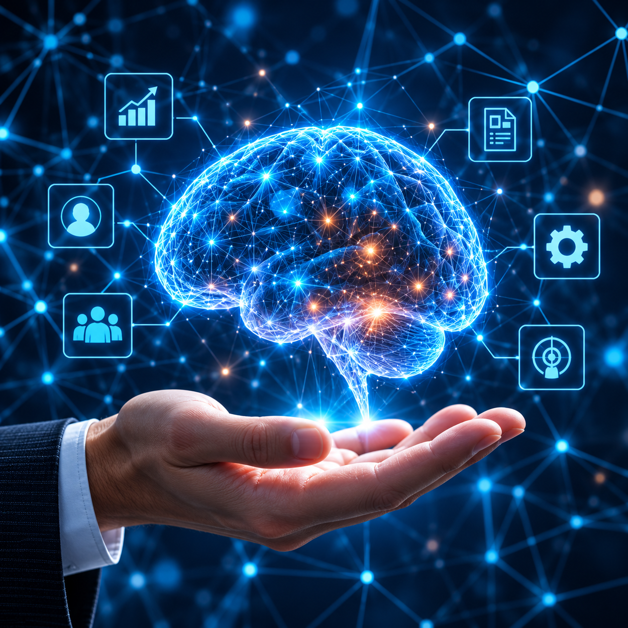 Mano che sostiene un cervello digitale luminoso con icone di analisi, documenti, processi e persone